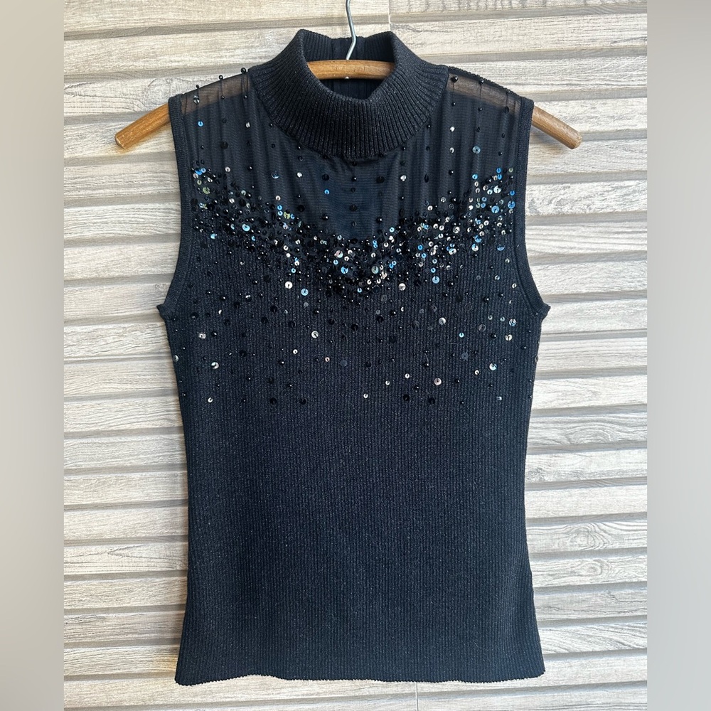 Elegant Black Sleeveless Top with Sequins Mock Turtleneck Sexy Dress Barn L